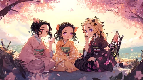 Anime spring trio in floral kimono under sakura canopy.
