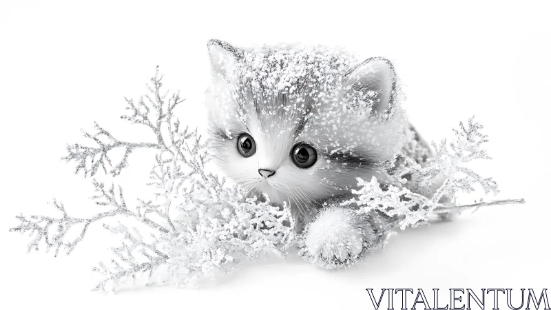 White Kitten Covered in Frost and Snow