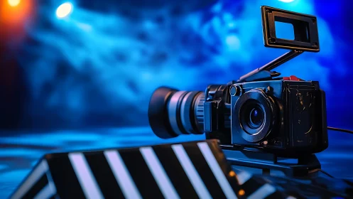 Cinematic video camera and clapperboard under blue stage light.