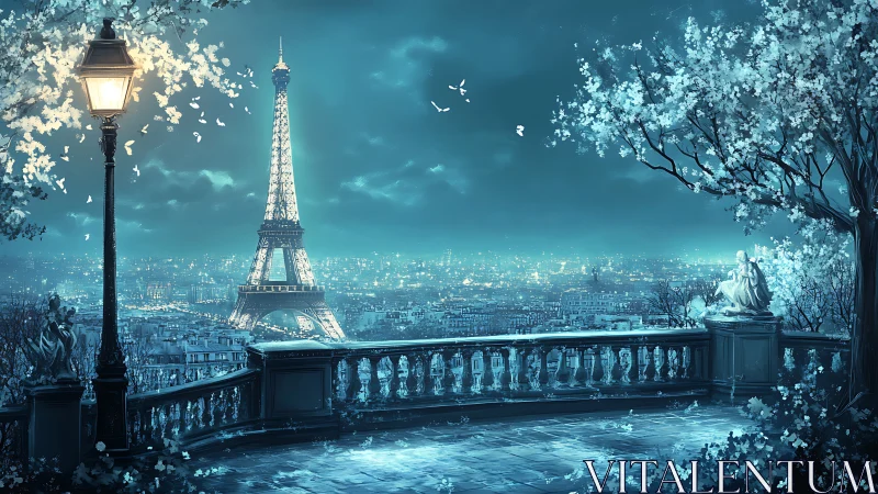 Eiffel Tower stands over illuminated Paris from terrace viewpoint