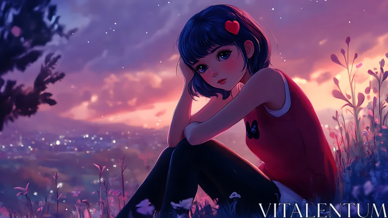 Young figure sits in stylized field under dusk sky