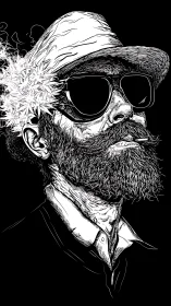 Bearded man in hat and sunglasses rendered in high contrast