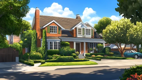 Brick suburban house under clear midday summer light.