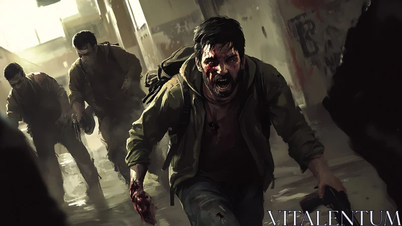 Injured man charging forward in chaotic urban attack