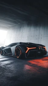 Futuristic matte-black hypercar under concrete tunnel lighting