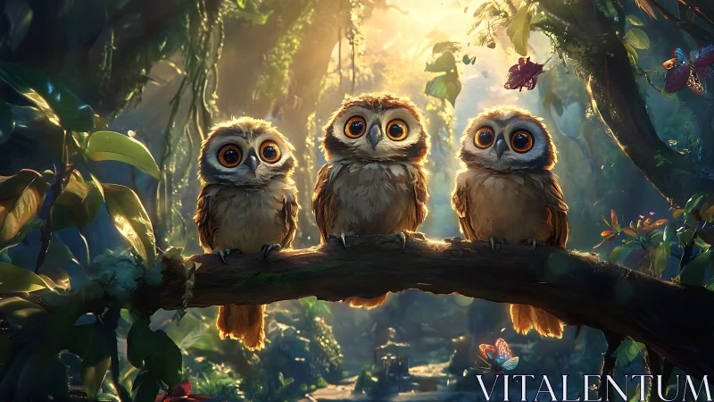 Three Adorable Owls on a Branch in Enchanted Forest, Digital Art.