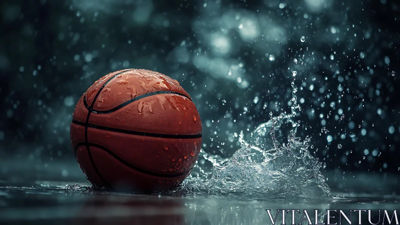 Wet basketball on outdoor court surface in heavy rain.