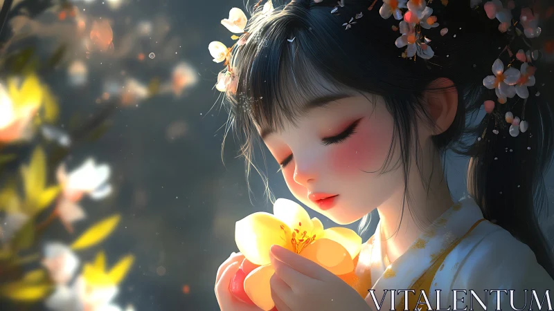 Soft backlit anime girl holding glowing yellow blossom, bokeh