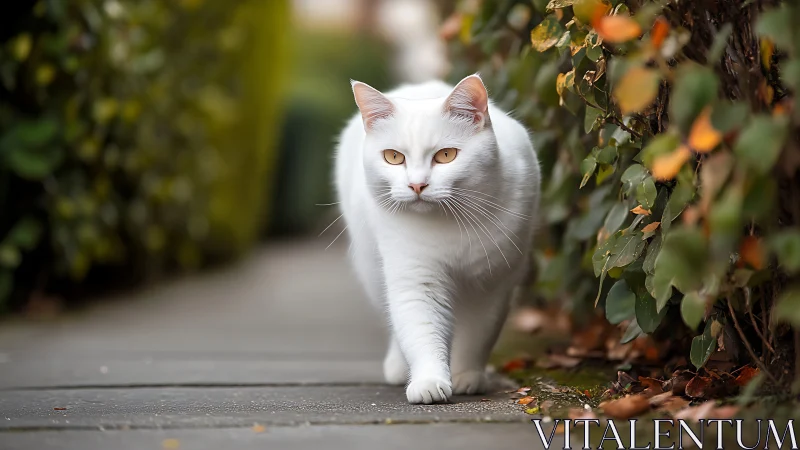 A Snow-White Cat's Serene Garden Stroll.