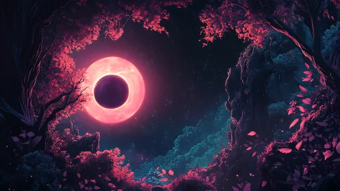 Moonlit eclipse glowing over a secret neon forest dream.