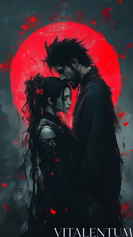 Tender moonlit embrace beneath a bold crimson sky.