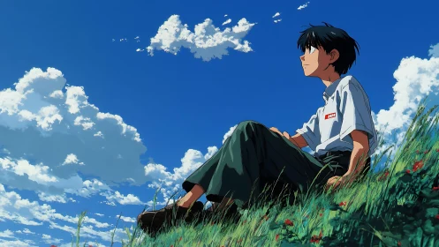 Boy rests on a sunlit hillside, gazing into a vast summer sky