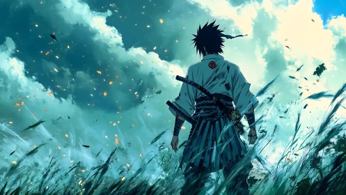 Samurai silhouette amid storm-swept field under teal sky.