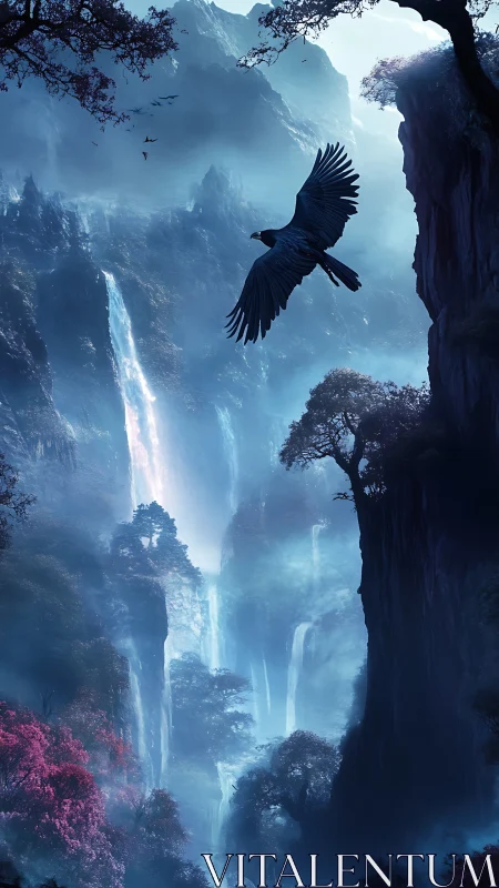Raven soars above misty blue canyon and tall waterfalls.