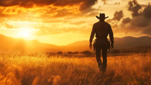 Lone cowboy walking across field at vivid sunset horizon.