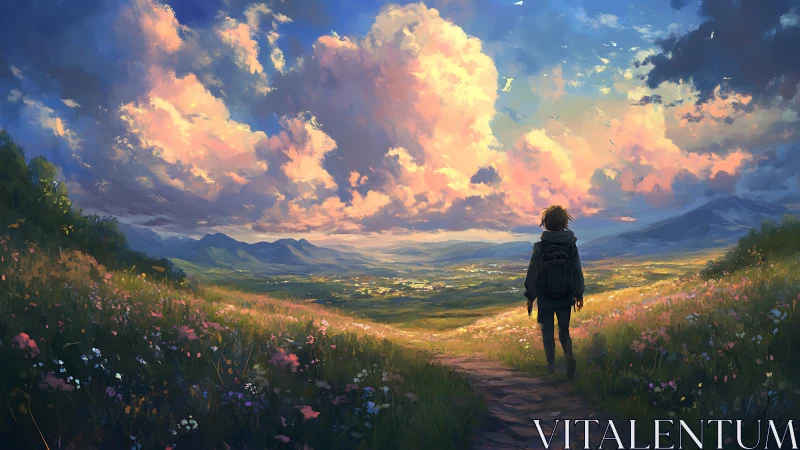 Hiker on wildflower path overlooking valley under clouded sky.