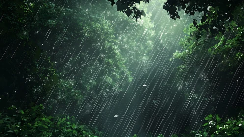 Atmospheric Rain Descent Through Verdant Canopy.