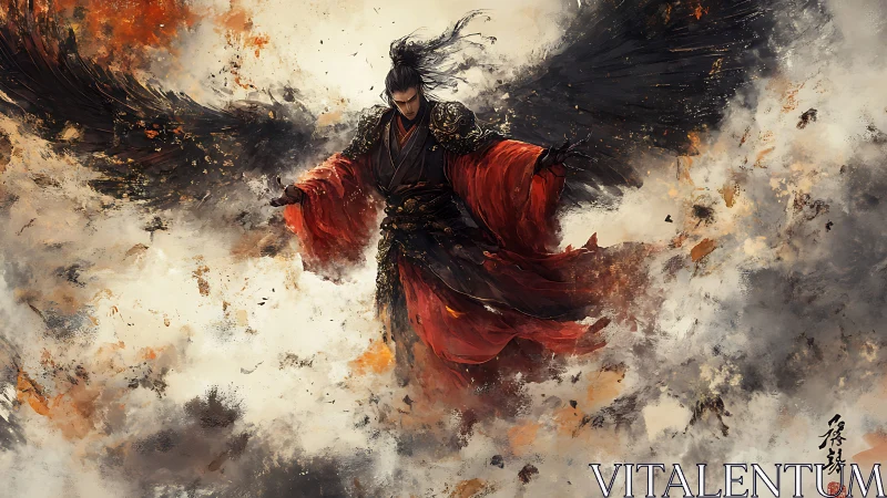 Digital painting of winged warrior in dynamic atmospheric swirl.