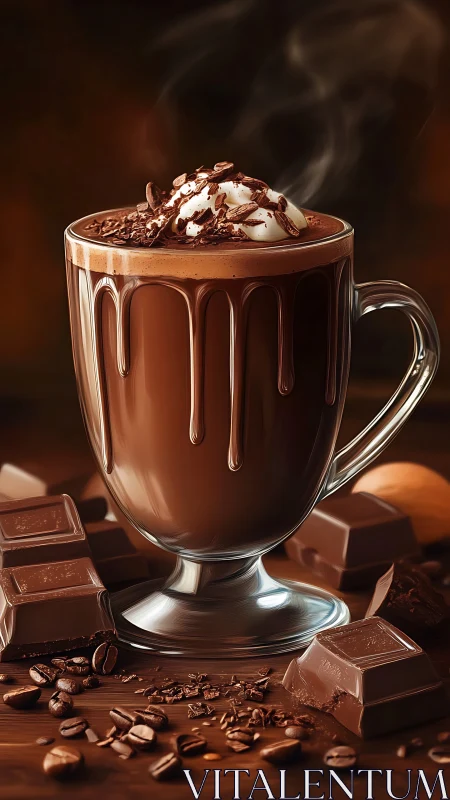 Steam-kissed cocoa river overflows in glassy midnight chalice