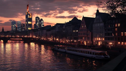 Riverside cityscape shows twilight skyline over calm water