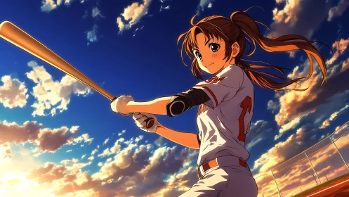 Sunset slugger girl poised beneath blazing cotton skies.