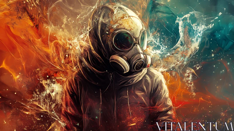 Digital painting of gas-masked figure in incendiary color field.