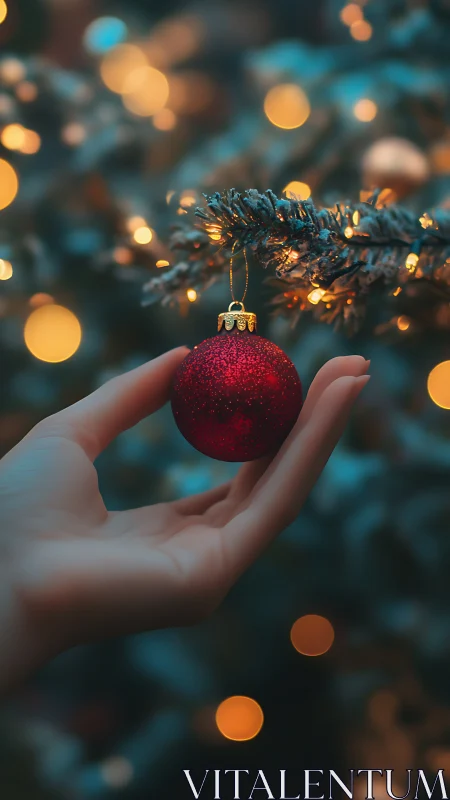 Photorealistic close-up of hand holding red ornament bokeh.
