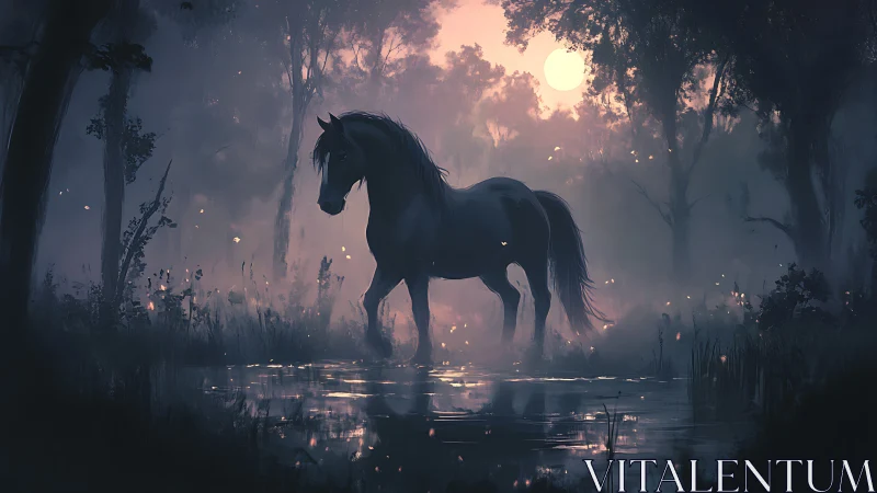 Moonlit horse wandering through a misty enchanted forest.
