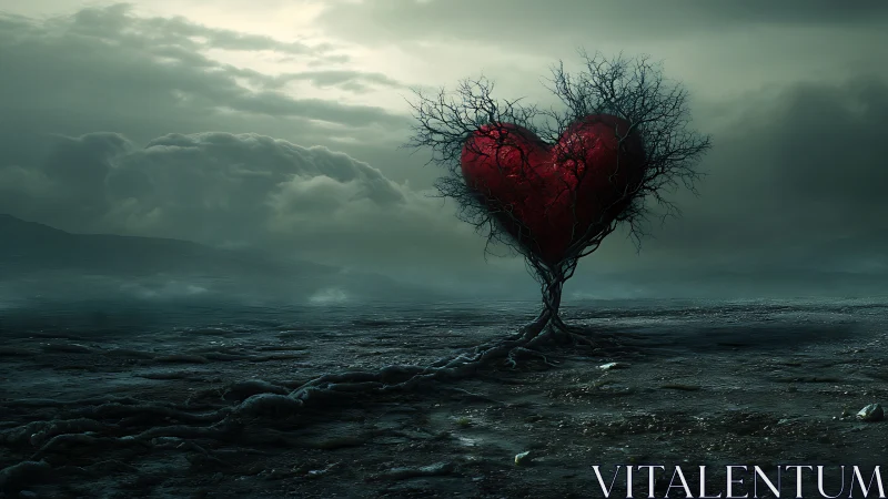 Heart-shaped tree with red foliage in desolate landscape.