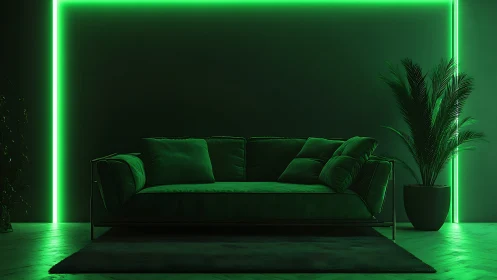 Emerald sofa glows in moody living room neon embrace