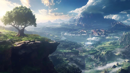 Lone cliffside tree overlooking expansive fantasy valley.