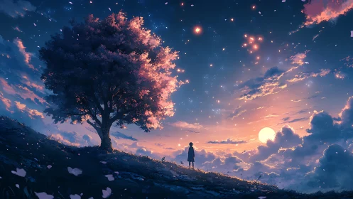 Stargazing dreamer beneath a twilight blossom sky.