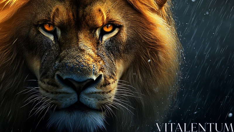 Hyperreal lion portrait with rain, golden rim lighting, bokeh