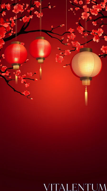 Hanging lanterns and blossoms occupy the upper red frame area