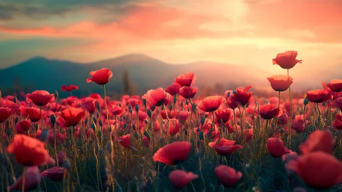 Red Poppies Glowing Against Mountain Backdrop at Sunset.