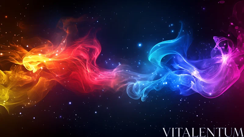 Colorful nebula-like light trails stretch across star field