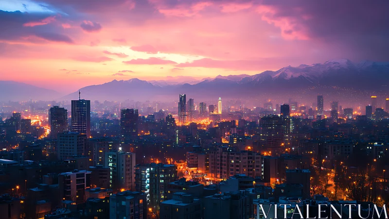 Luminous city skyline glows beneath dramatic sunset mountains