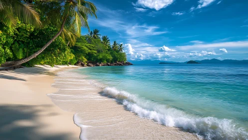 Tropical Paradise Beach: Pristine Shoreline with Palm Trees and Turquoise Waters.