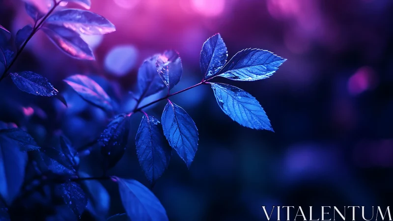 Neon blue leaves glow under vivid magenta bokeh light.
