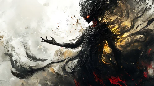 Shadowlike fiery entity with glowing red eyes stands poised.