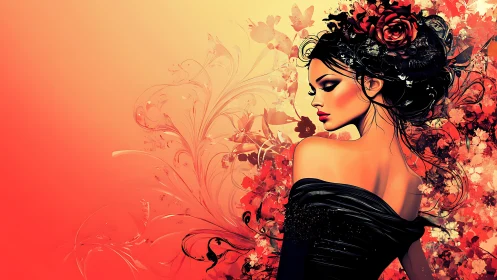 Floral grace unfolds around a poised woman in red light