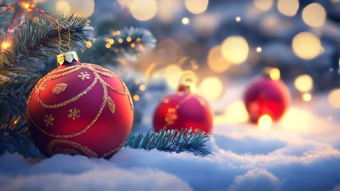 Red Christmas baubles glow softly in snowy winter bokeh