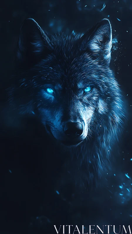 Wolf head glows with blue bioluminescent eyes in darkness