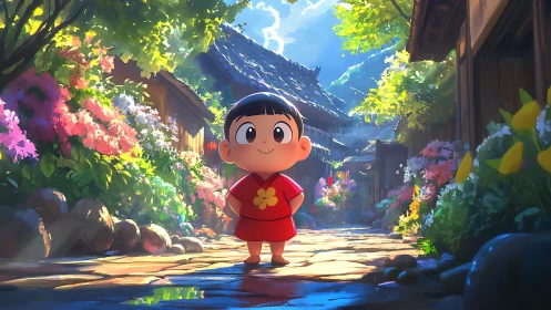 Smiling child explores a sunlit village lane in bloom