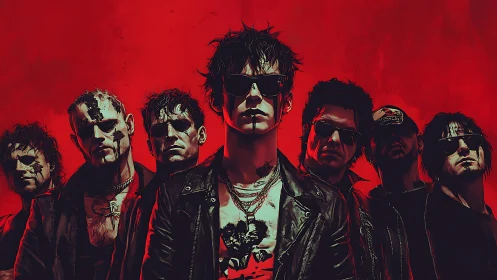 Seven figures in leather jackets stand before red backdrop