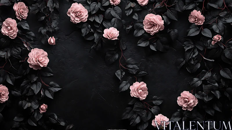 Pink roses with dark foliage arranged on black background.