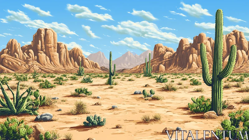 Sunlit desert valley with friendly cacti and rugged cliffs.