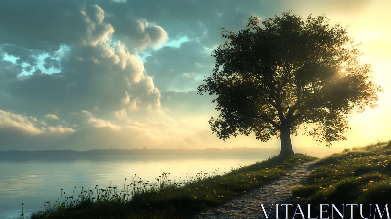 Golden hour lakeside tree rendered as atmospheric digital study