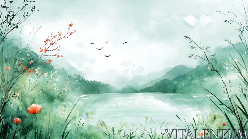Watercolor lake panorama with misted mountains and florals.