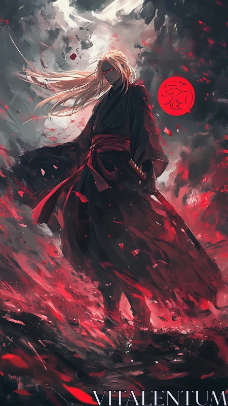 Bloodfire ronin strides through storm-torn crimson twilight.